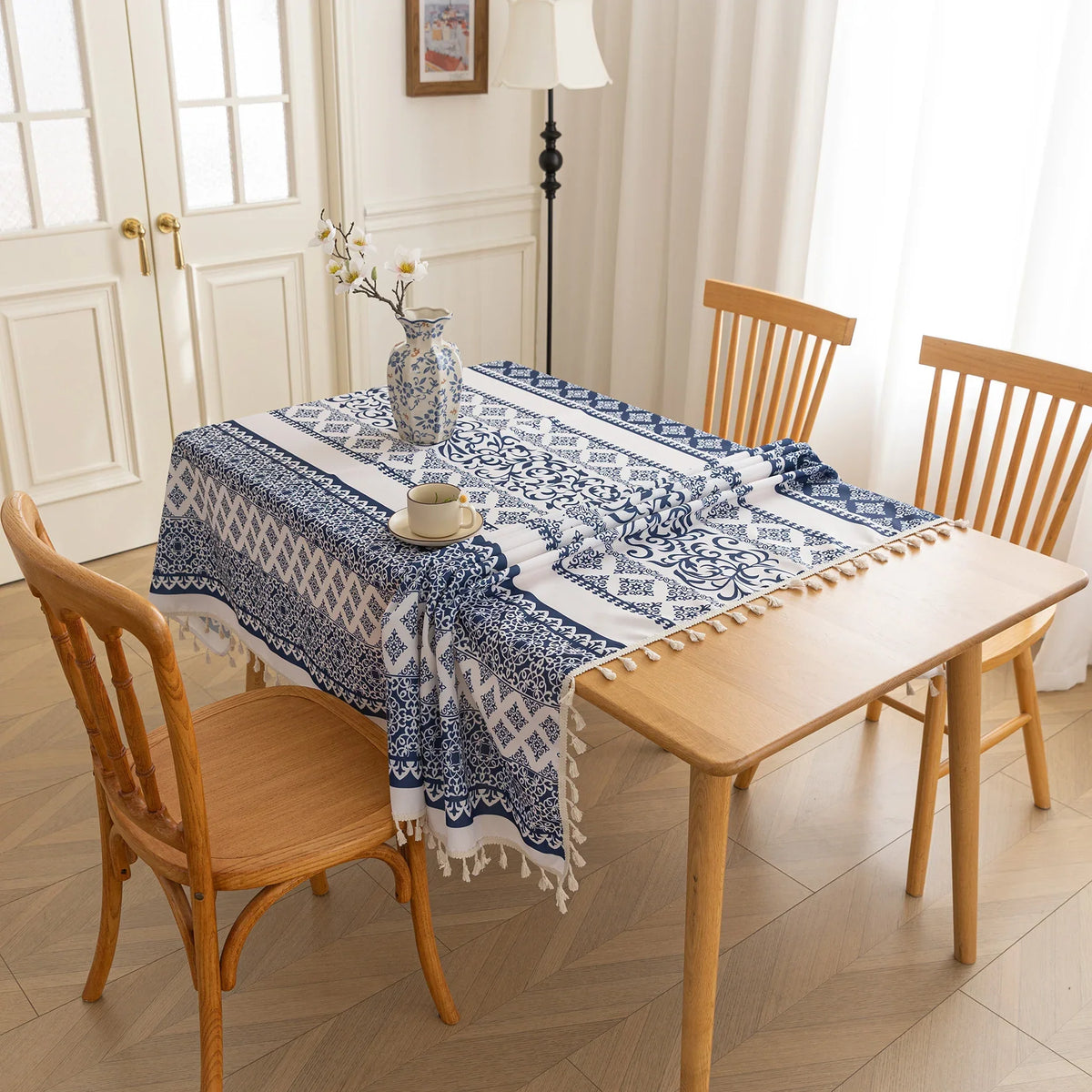 Blue Totem Rectangle Tablecloth Boho Tassel Design