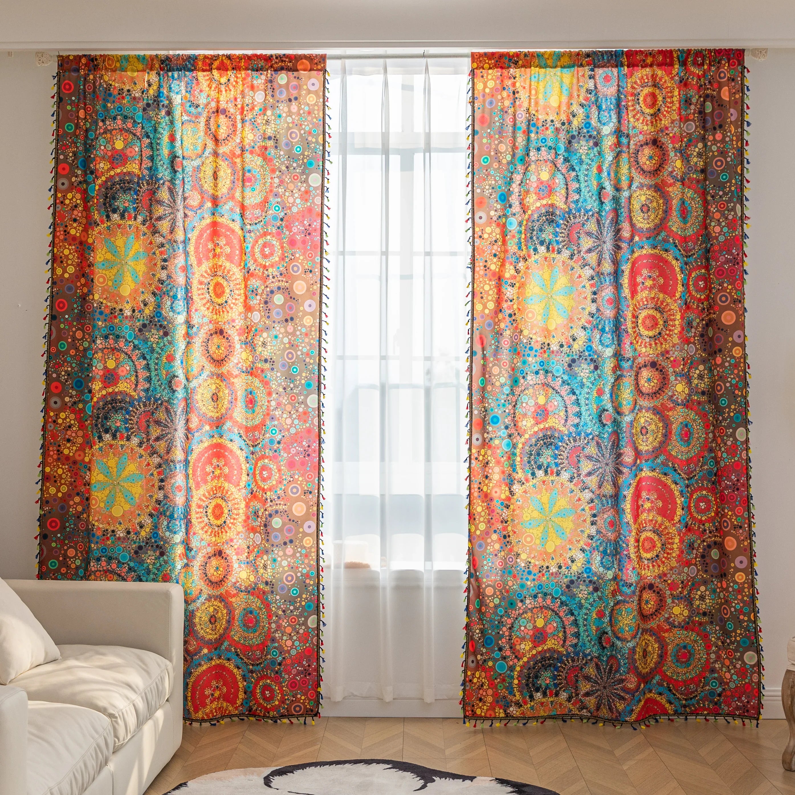 A colorful bohemian curtain with vibrant circular patterns in red, brown, blue, and yellow, decorated with multicolor tassels and braided trim, adding an artistic and lively touch to home d¨¦cor.