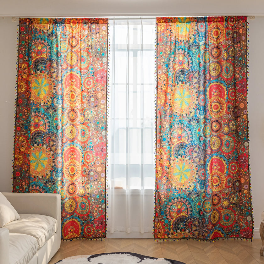 A colorful bohemian curtain with vibrant circular patterns in red, brown, blue, and yellow, decorated with multicolor tassels and braided trim, adding an artistic and lively touch to home d¨¦cor.