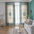 Elegant living room curtains with vintage floral and medallion pattern in teal, beige, and gold tones, featuring ornate borders and sheer white backing for a classic.