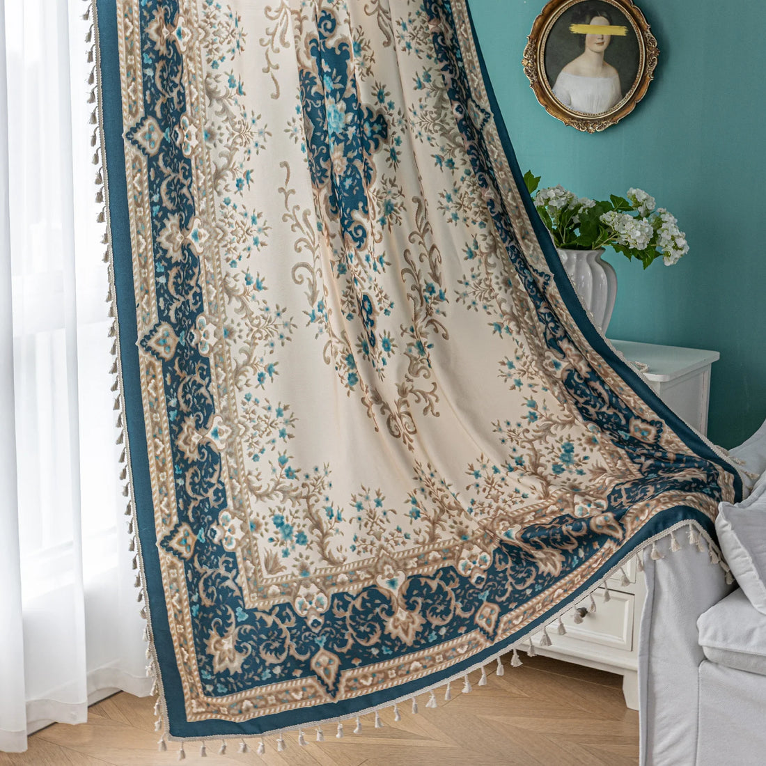 elegant curtain with intricate floral and medallion design in teal, beige, and gold tones, featuring ornate scrolling patterns for a classic and luxurious home décor look.