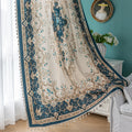 elegant curtain with intricate floral and medallion design in teal, beige, and gold tones, featuring ornate scrolling patterns for a classic and luxurious home décor look.