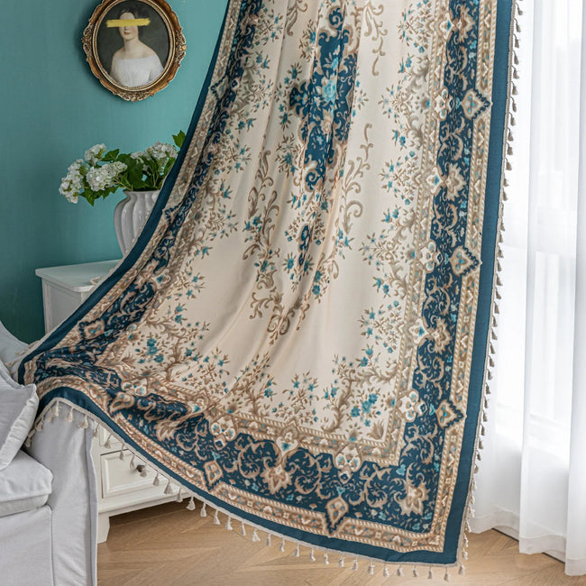 elegant curtain with intricate floral and medallion design in teal, beige, and gold tones, featuring ornate scrolling patterns for a classic and luxurious home d¨¦cor look.