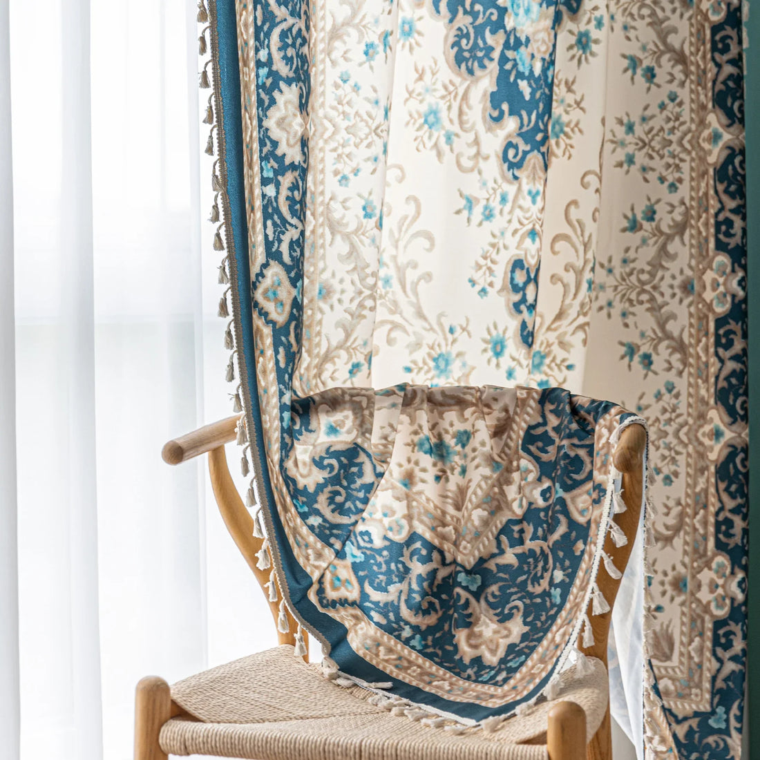 elegant curtain with intricate floral and medallion design in teal, beige, and gold tones, featuring ornate scrolling patterns for a classic and luxurious home décor look.