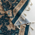 elegant curtain with intricate floral and medallion design in teal, beige, and gold tones, featuring ornate scrolling patterns for a classic and luxurious home décor look.