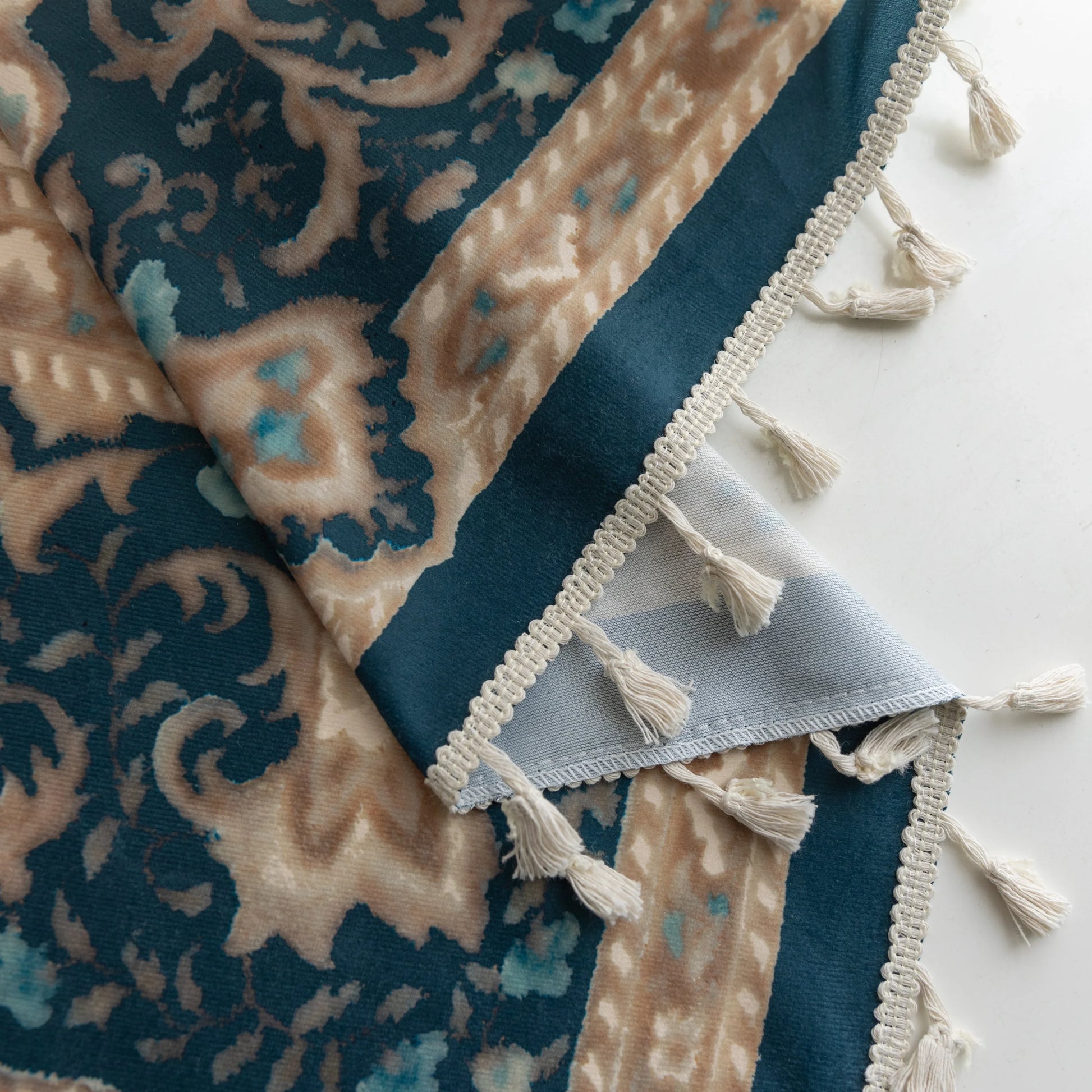 elegant curtain with intricate floral and medallion design in teal, beige, and gold tones, featuring ornate scrolling patterns for a classic and luxurious home décor look.
