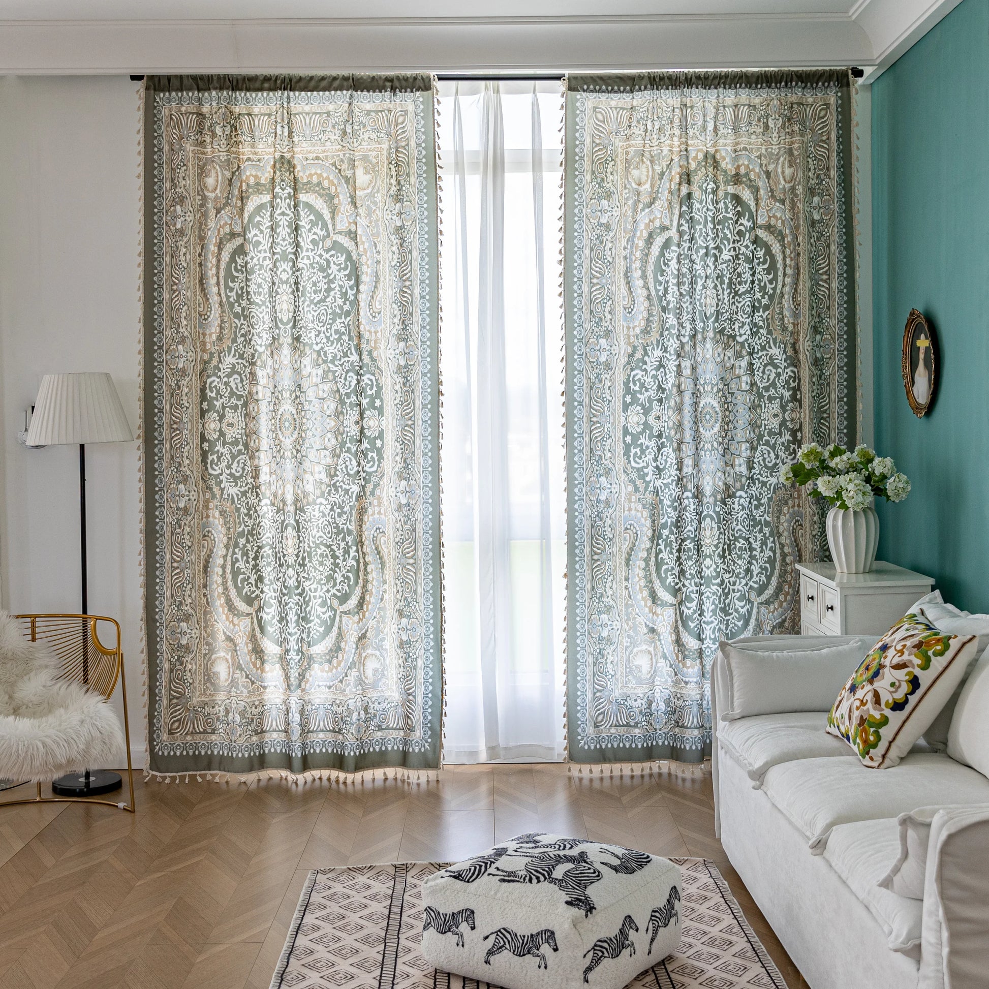 Elegant green and white curtain with intricate vintage-inspired medallion and floral patterns, framed by ornate borders, adding a sophisticated and classic touch to living room décor.