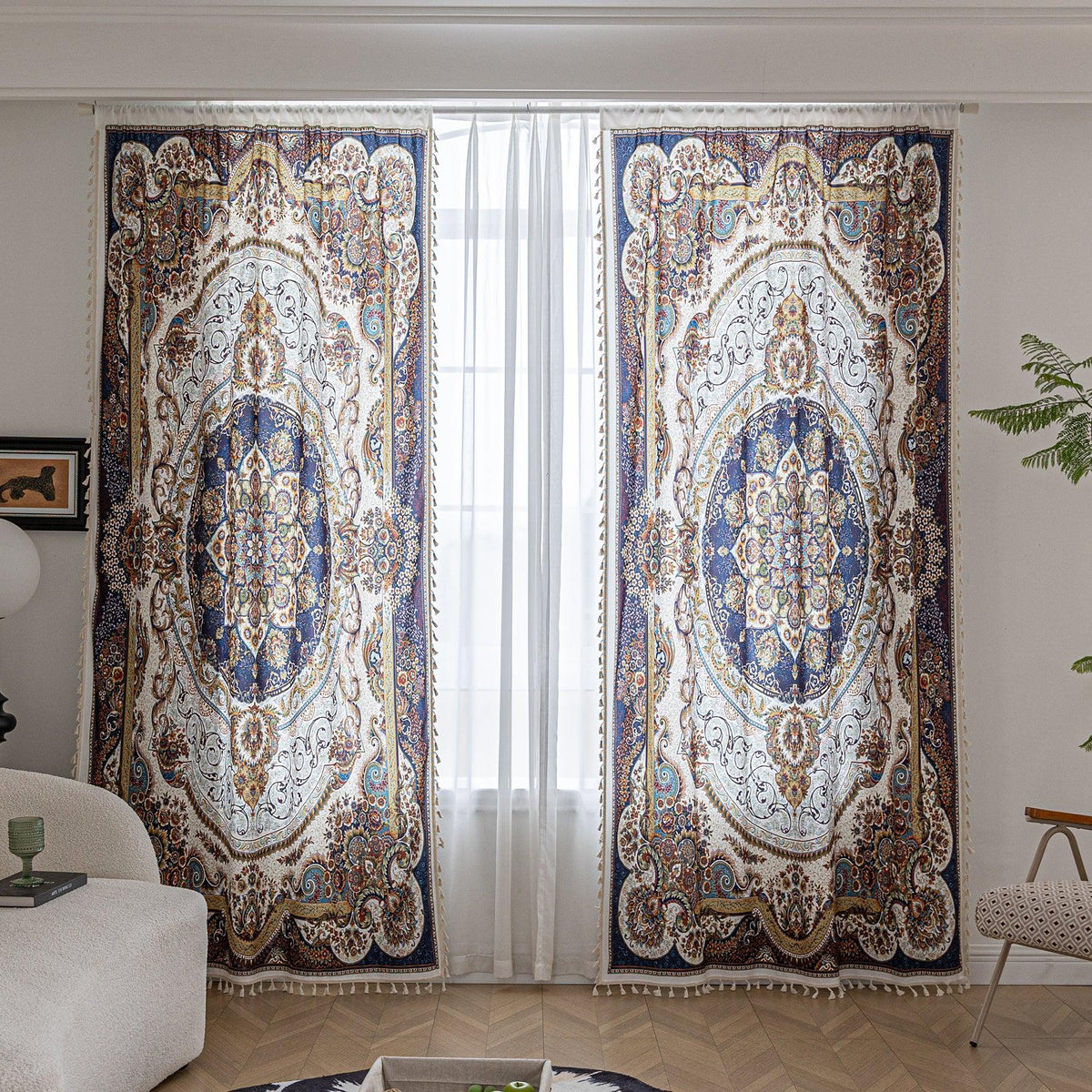 Elegant pair of bohemian-style curtains featuring intricate Persian-inspired medallion patterns in navy blue, gold, and white tones, adding a luxurious and artistic touch to home d¨¦cor.