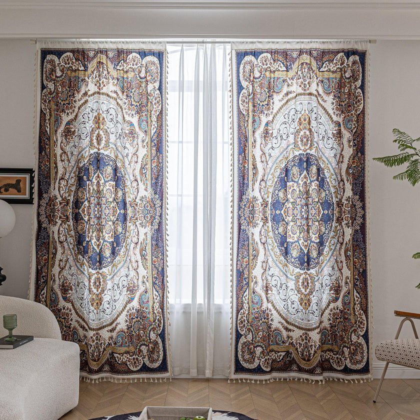 Elegant pair of bohemian-style curtains featuring intricate Persian-inspired medallion patterns in navy blue, gold, and white tones, adding a luxurious and artistic touch to home d¨¦cor.