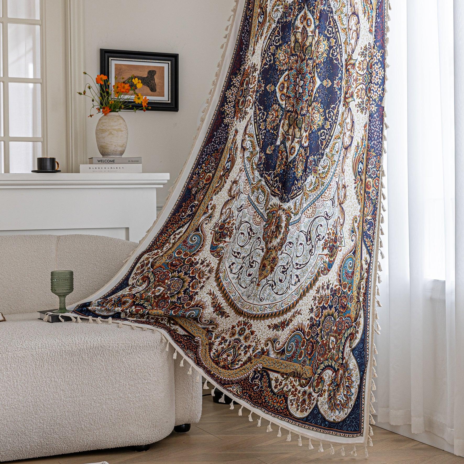 Luxurious bohemian-style curtain with intricate Persian-inspired medallion patterns in navy blue, gold, and white, accented by delicate tassel trim, creating an elegant and artistic home décor statement.
