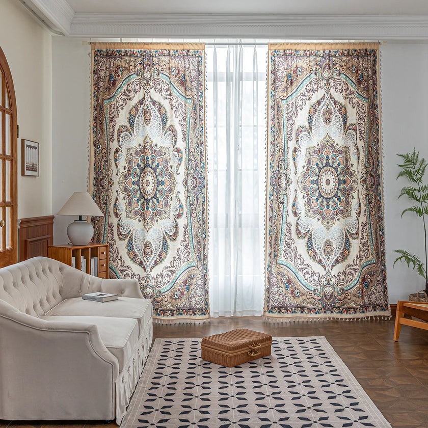 Elegant pair of Persian-style curtains featuring intricate mandala floral patterns in beige, teal, and burgundy tones, adding a luxurious and artistic touch to a bright living room interior.