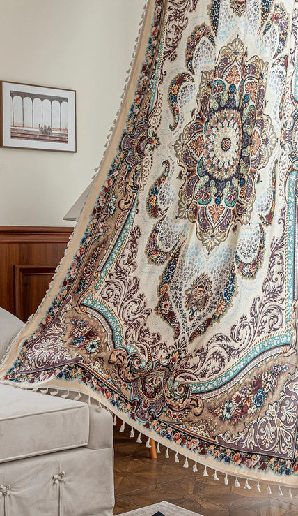 luxurious curtain with intricate floral and paisley patterns in rich brown, teal, and burgundy tones, adorned with delicate tassel trim for an elegant, classic home d¨¦cor style.