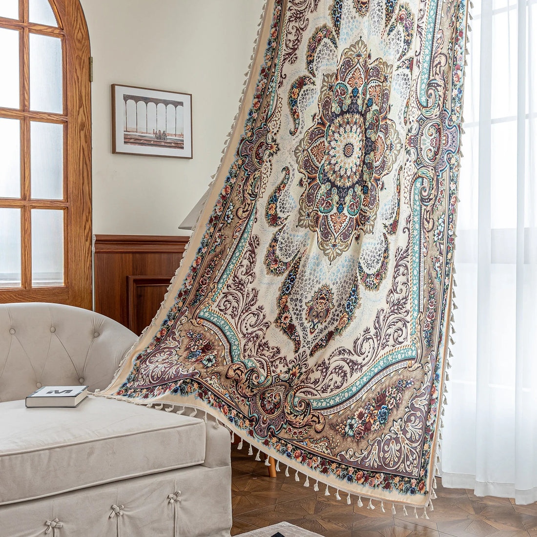 luxurious curtain with intricate floral and paisley patterns in rich brown, teal, and burgundy tones, adorned with delicate tassel trim for an elegant, classic home décor style.