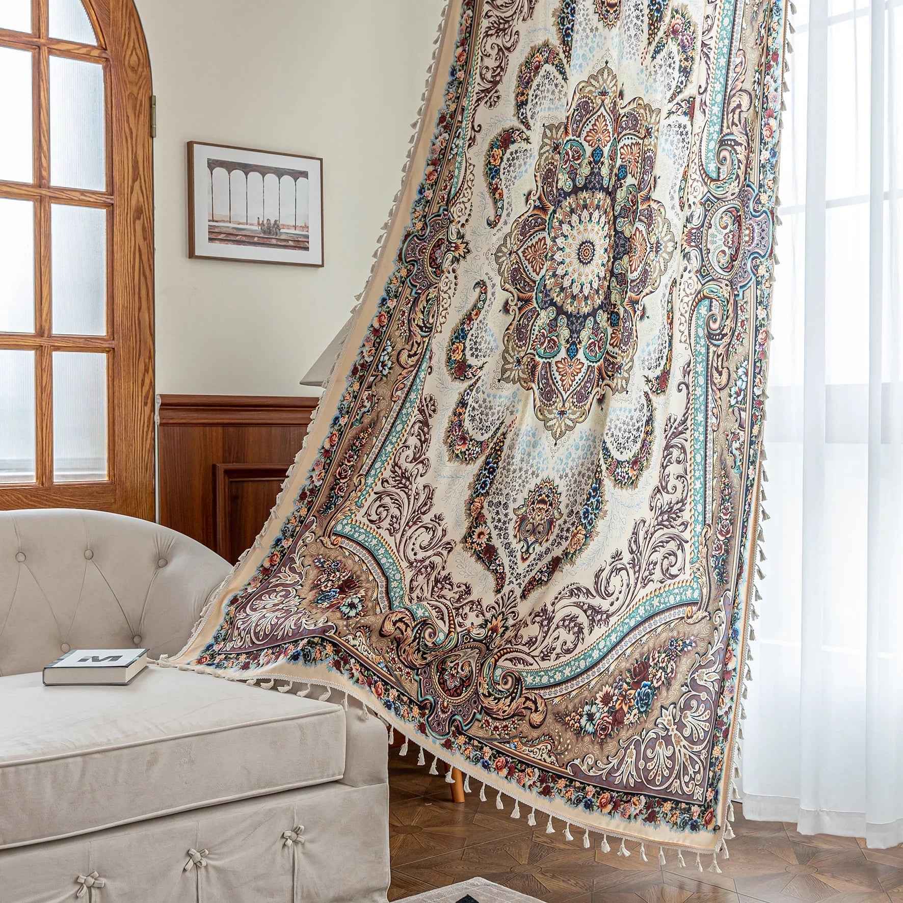 luxurious curtain with intricate floral and paisley patterns in rich brown, teal, and burgundy tones, adorned with delicate tassel trim for an elegant, classic home décor style.