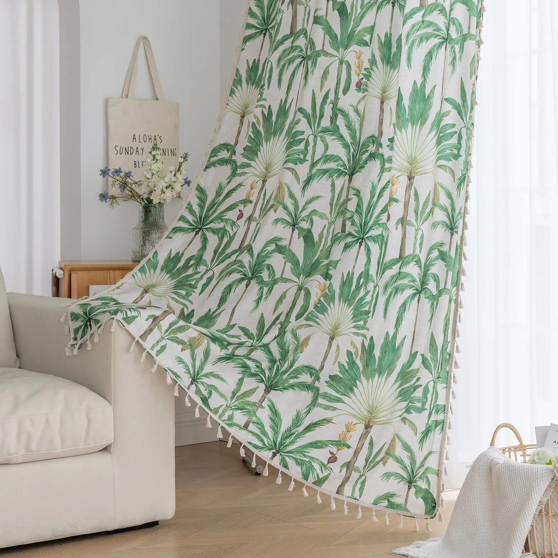 Tropical palm leaf curtain with soft green botanical prints and delicate tassel trim, perfect for adding a fresh, airy, and nature-inspired vibe to your living room, bedroom, or beach house décor.