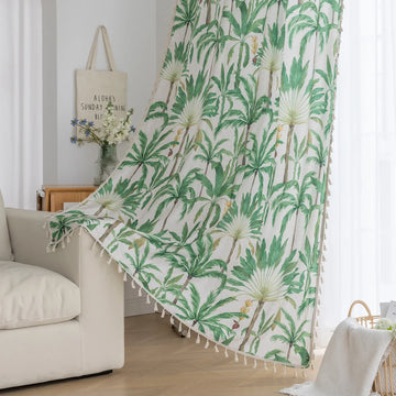 Tropical palm leaf curtain with soft green botanical prints and delicate tassel trim, perfect for adding a fresh, airy, and nature-inspired vibe to your living room, bedroom, or beach house décor.