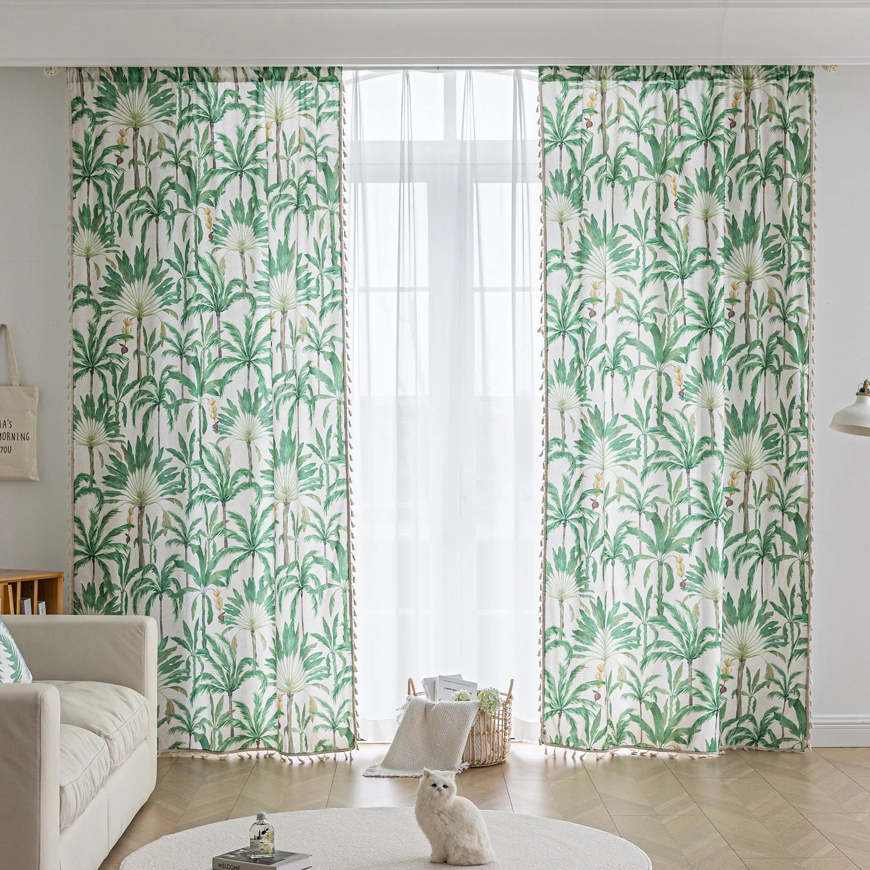 Tropical palm leaf curtain with soft green botanical prints and delicate tassel trim, perfect for adding a fresh, airy, and nature-inspired vibe to your living room, bedroom, or beach house décor.