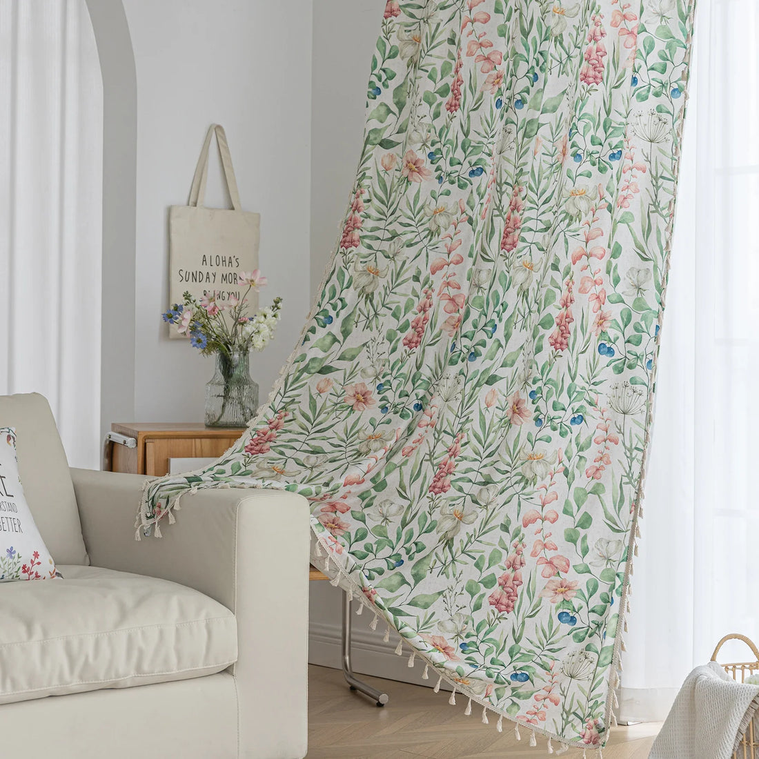Elegant floral curtain featuring soft pastel blooms, green leafy patterns, and delicate tassel edging — perfect for bringing a fresh, romantic, and nature-inspired charm to your living room, bedroom, or cottage-style décor.