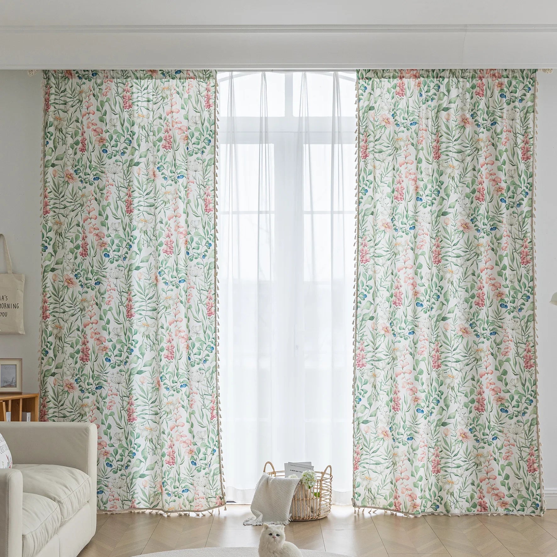 Elegant floral curtain featuring soft pastel blooms, green leafy patterns, and delicate tassel edging — perfect for bringing a fresh, romantic, and nature-inspired charm to your living room, bedroom, or cottage-style décor.