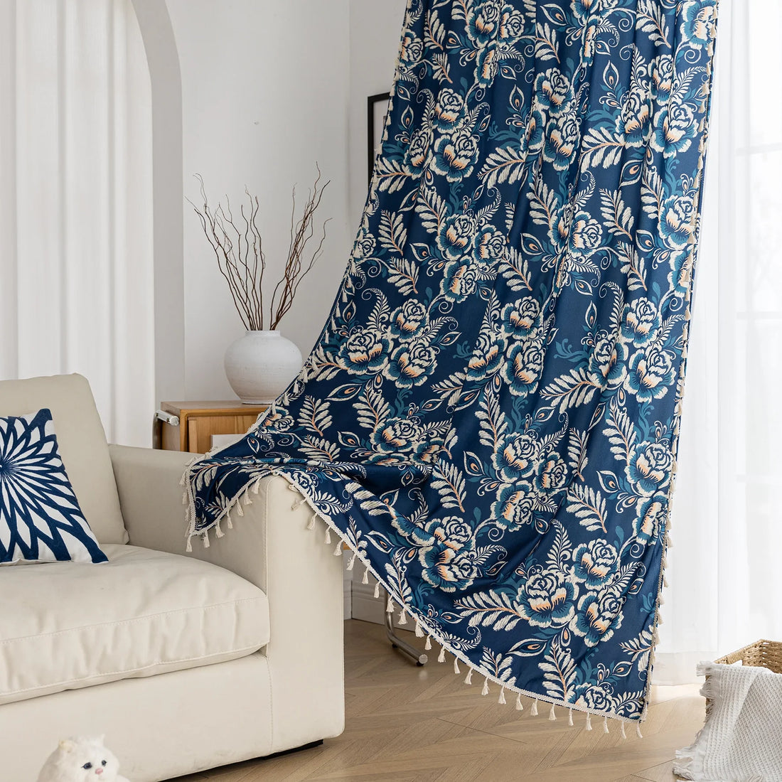 Elegant navy blue curtain adorned with intricate beige floral and leafy patterns, finished with delicate tassel trim — ideal for adding a touch of sophistication and classic charm to living rooms, bedrooms, or vintage-inspired interiors.