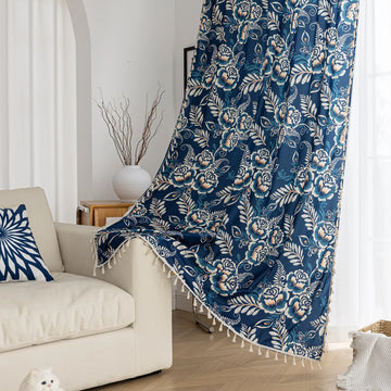 Elegant navy blue curtain adorned with intricate beige floral and leafy patterns, finished with delicate tassel trim — ideal for adding a touch of sophistication and classic charm to living rooms, bedrooms, or vintage-inspired interiors.