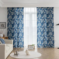 Elegant navy blue curtain adorned with intricate beige floral and leafy patterns, finished with delicate tassel trim — ideal for adding a touch of sophistication and classic charm to living rooms, bedrooms, or vintage-inspired interiors.