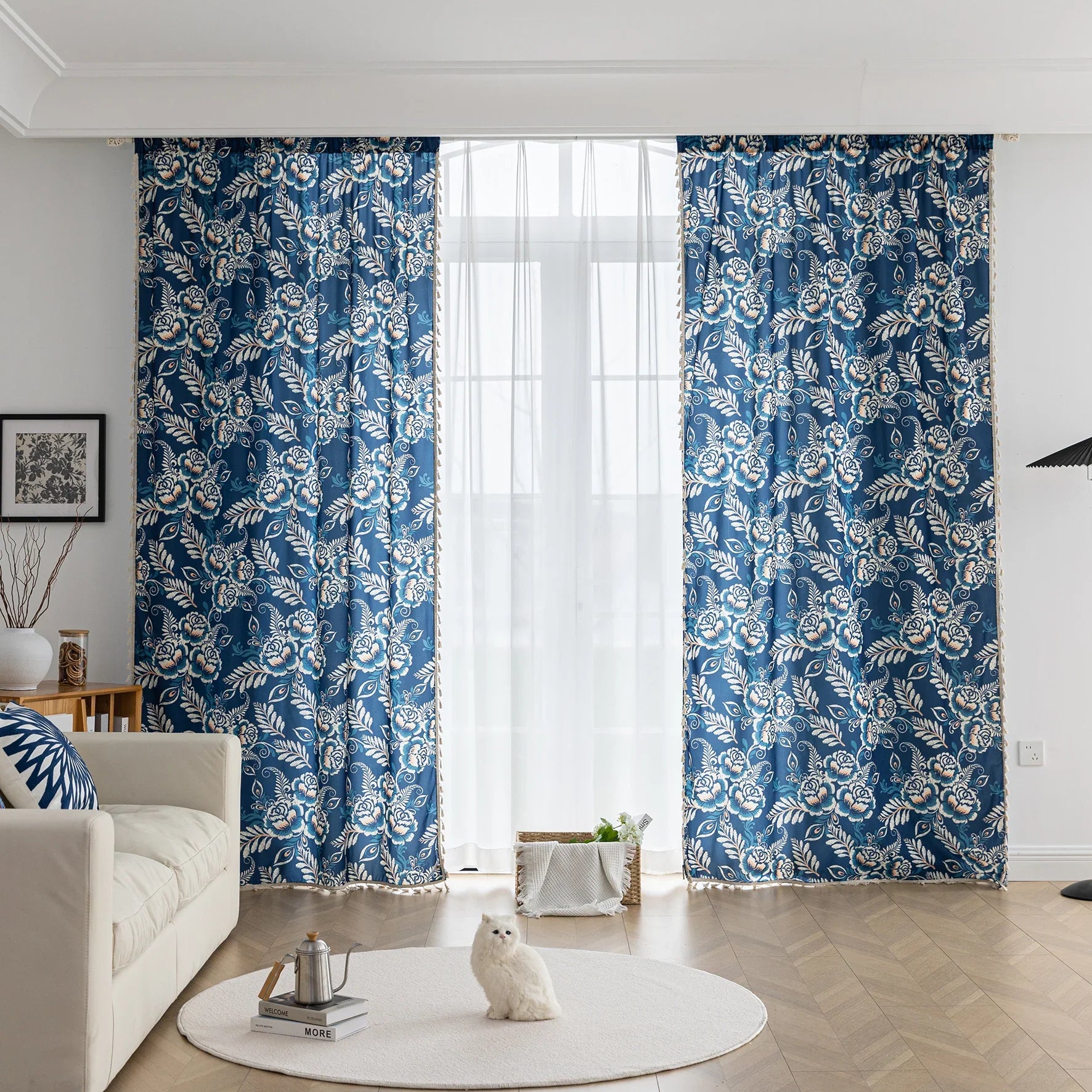 Elegant navy blue curtain adorned with intricate beige floral and leafy patterns, finished with delicate tassel trim — ideal for adding a touch of sophistication and classic charm to living rooms, bedrooms, or vintage-inspired interiors.