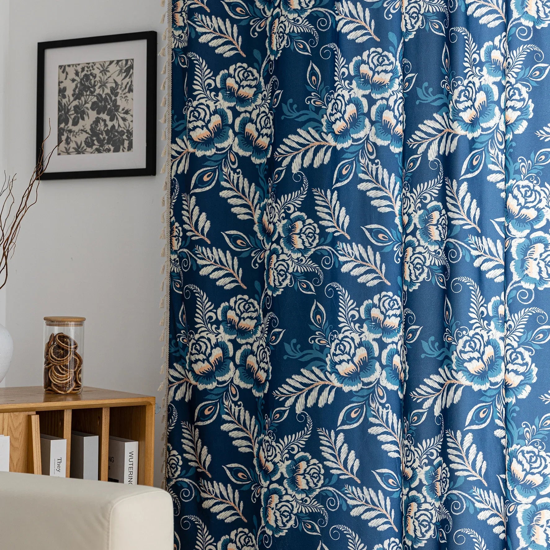 Elegant navy blue curtain adorned with intricate beige floral and leafy patterns, finished with delicate tassel trim — ideal for adding a touch of sophistication and classic charm to living rooms, bedrooms, or vintage-inspired interiors.