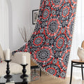 Vibrant bohemian-style curtain with intricate mandala patterns in striking red, black, and white tones, accented with swirling floral details and finished with elegant white tassel trim — perfect for adding bold artistic flair and cultural charm to any living space.