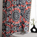 Vibrant bohemian-style curtain with intricate mandala patterns in striking red, black, and white tones, accented with swirling floral details and finished with elegant white tassel trim — perfect for adding bold artistic flair and cultural charm to any living space.