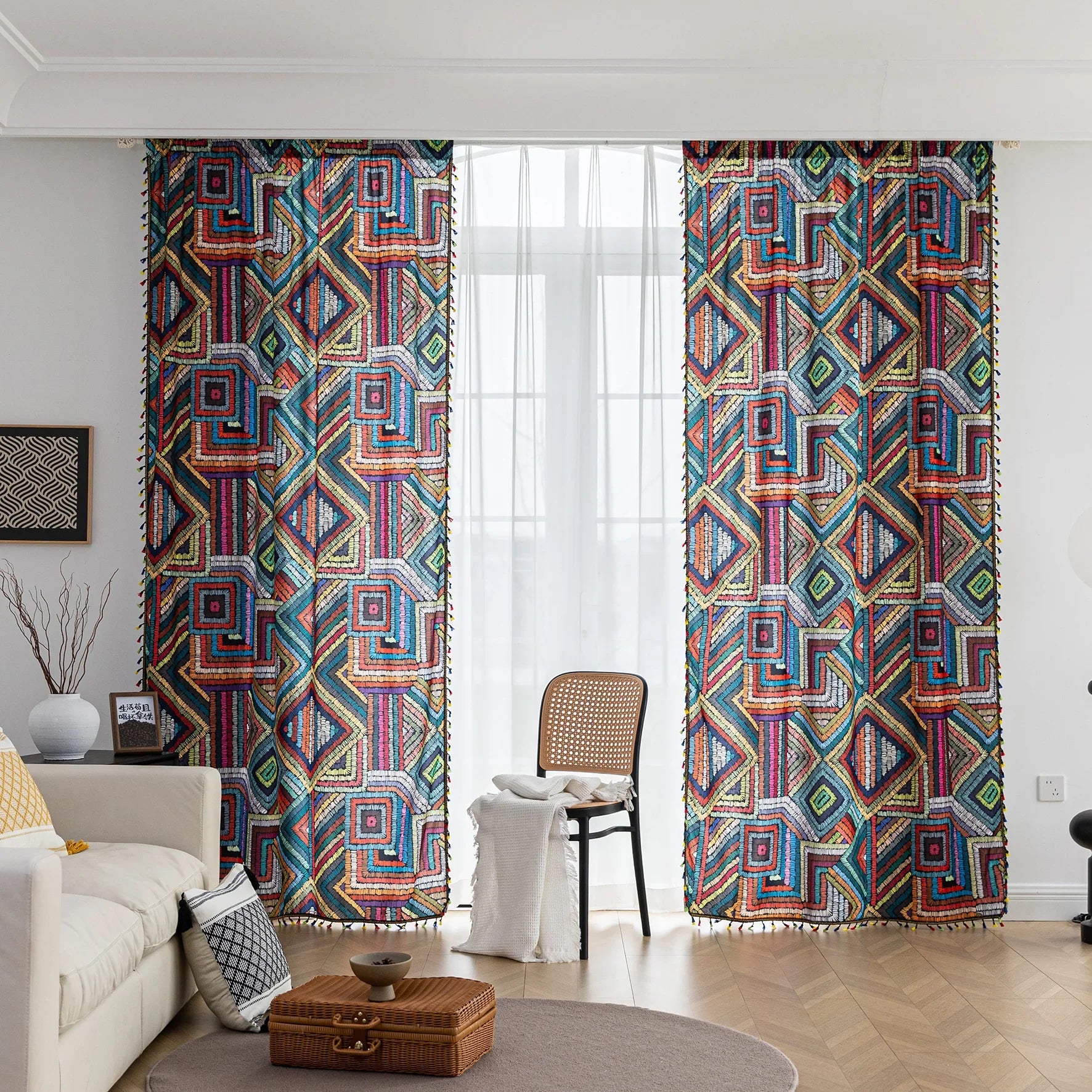 Vibrant geometric bohemian curtain with bold multicolor diamond patterns, featuring intricate woven-style designs and colorful tassel trim — ideal for adding a lively, artistic statement to any room décor.