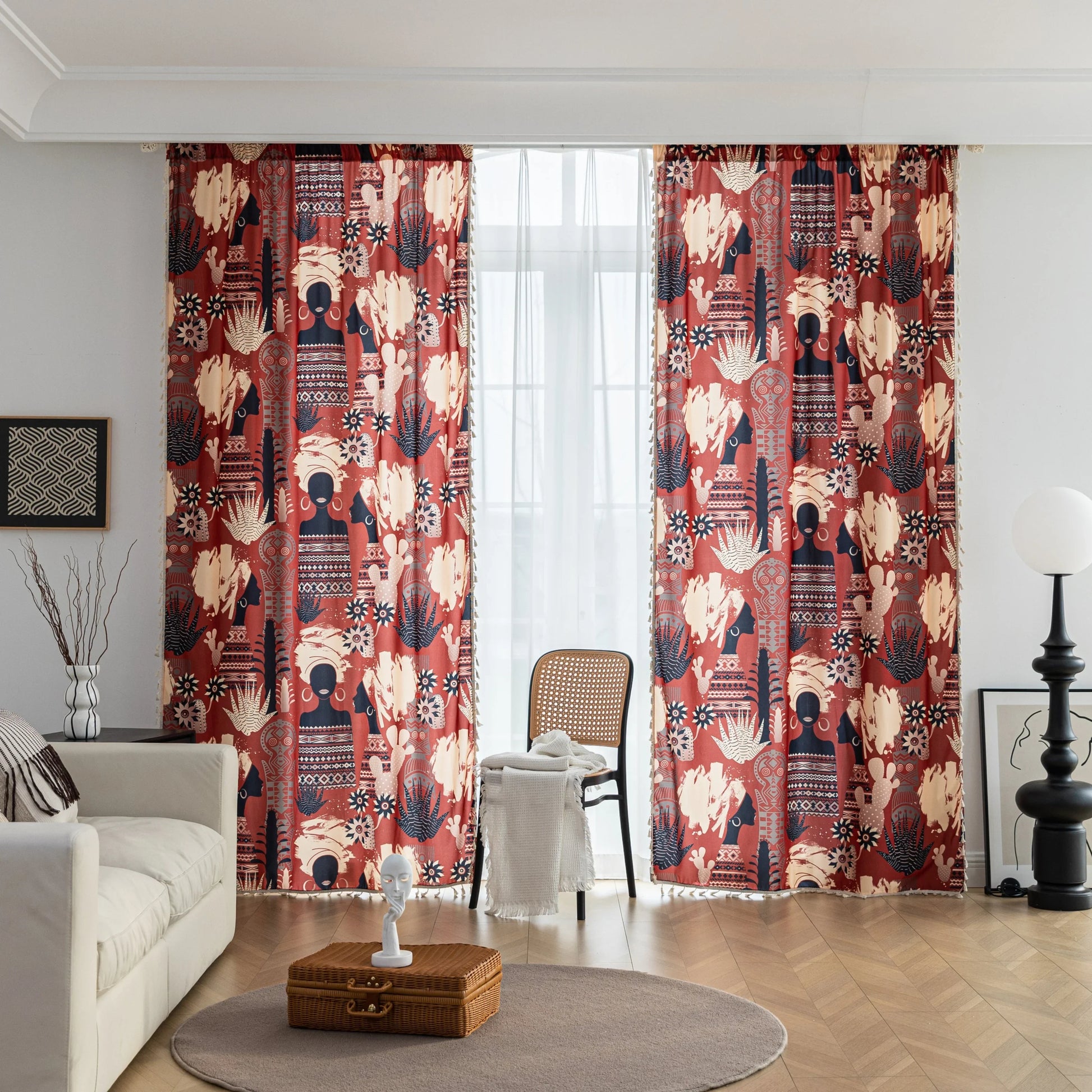 Modern bohemian curtain featuring an abstract tribal-inspired design in earthy terracotta, beige, and black tones, adorned with cactus and floral motifs, and finished with delicate white tassel trim — perfect for adding a warm, artistic touch to your home décor.
