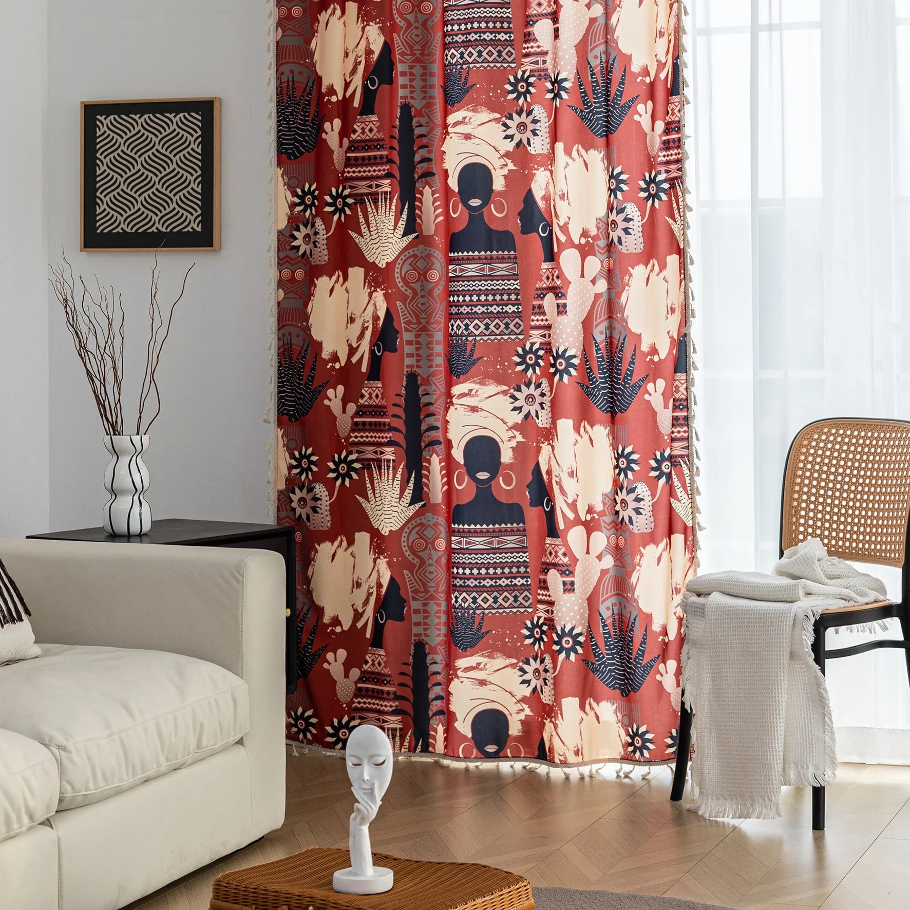 Modern bohemian curtain featuring an abstract tribal-inspired design in earthy terracotta, beige, and black tones, adorned with cactus and floral motifs, and finished with delicate white tassel trim — perfect for adding a warm, artistic touch to your home décor.