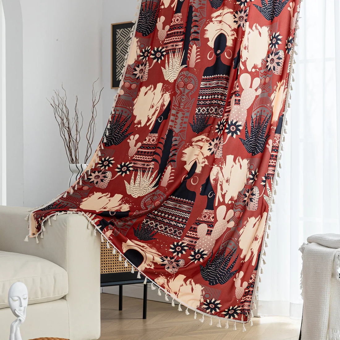 Modern bohemian curtain featuring an abstract tribal-inspired design in earthy terracotta, beige, and black tones, adorned with cactus and floral motifs, and finished with delicate white tassel trim — perfect for adding a warm, artistic touch to your home décor.