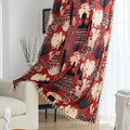 Modern bohemian curtain featuring an abstract tribal-inspired design in earthy terracotta, beige, and black tones, adorned with cactus and floral motifs, and finished with delicate white tassel trim — perfect for adding a warm, artistic touch to your home décor.