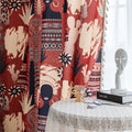 Modern bohemian curtain featuring an abstract tribal-inspired design in earthy terracotta, beige, and black tones, adorned with cactus and floral motifs, and finished with delicate white tassel trim — perfect for adding a warm, artistic touch to your home décor.