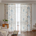 Elegant curtain with a unique hexagon tile-inspired pattern in muted blue, beige, and soft gold tones on a light cream background, finished with delicate fringe trim — perfect for adding a sophisticated, Mediterranean touch to your living space.