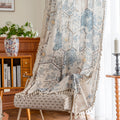 Elegant curtain with a unique hexagon tile-inspired pattern in muted blue, beige, and soft gold tones on a light cream background, finished with delicate fringe trim — perfect for adding a sophisticated, Mediterranean touch to your living space.