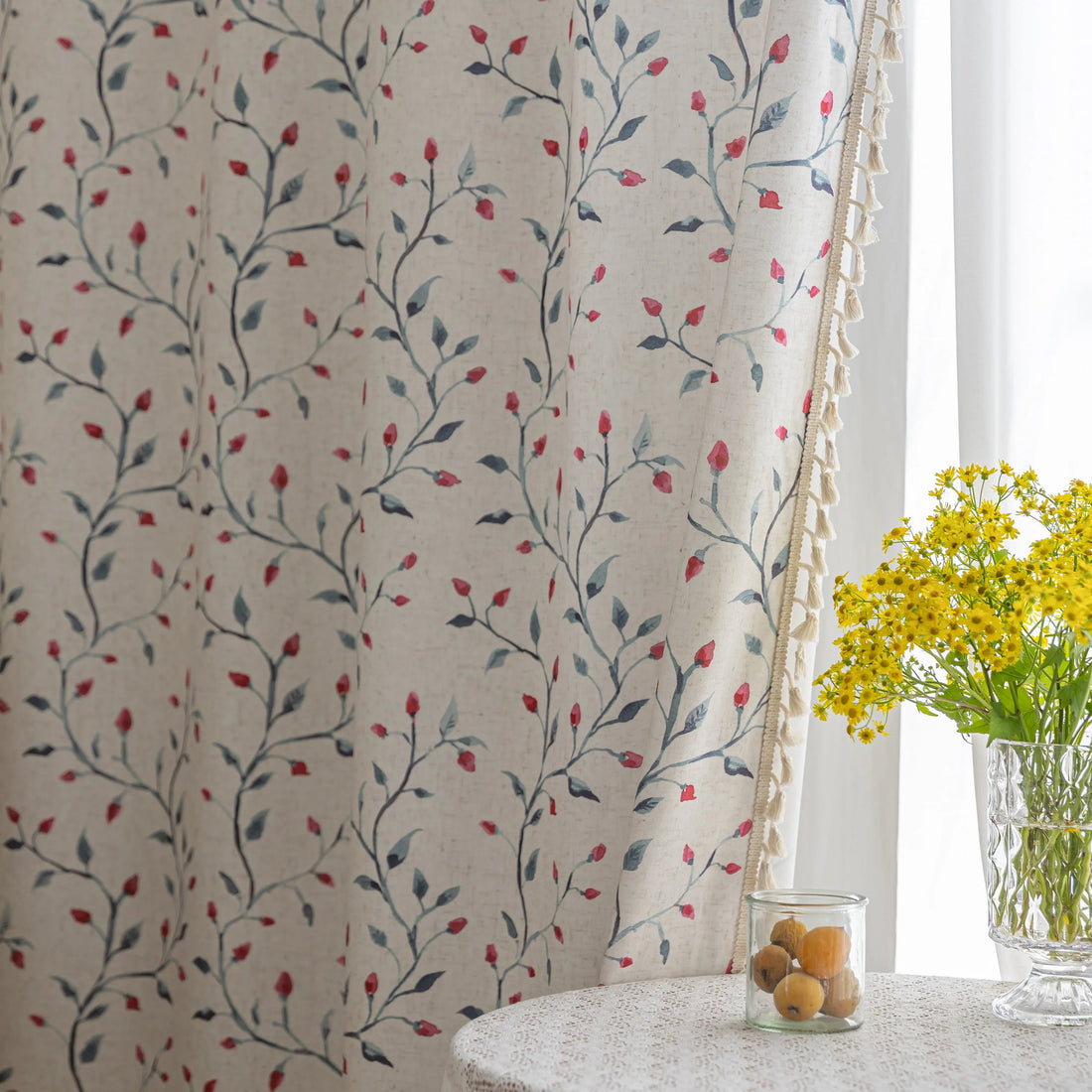 Light and airy curtain with a delicate floral vine pattern in soft blue and pink on a natural beige background, finished with a subtle fringe trim — perfect for bringing a fresh, romantic, and nature-inspired touch to your home décor.