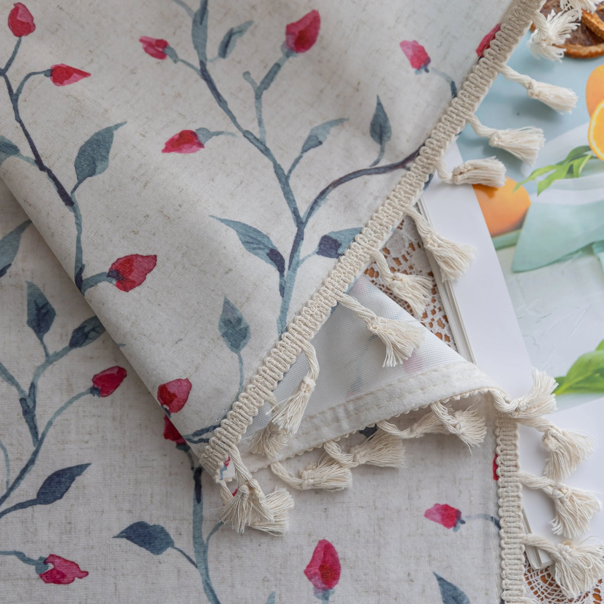Light and airy curtain with a delicate floral vine pattern in soft blue and pink on a natural beige background, finished with a subtle fringe trim — perfect for bringing a fresh, romantic, and nature-inspired touch to your home décor.