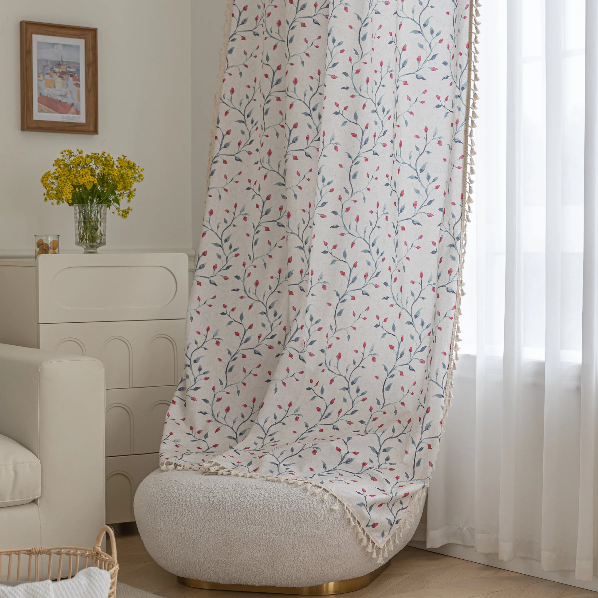 Light and airy curtain with a delicate floral vine pattern in soft blue and pink on a natural beige background, finished with a subtle fringe trim — perfect for bringing a fresh, romantic, and nature-inspired touch to your home décor.