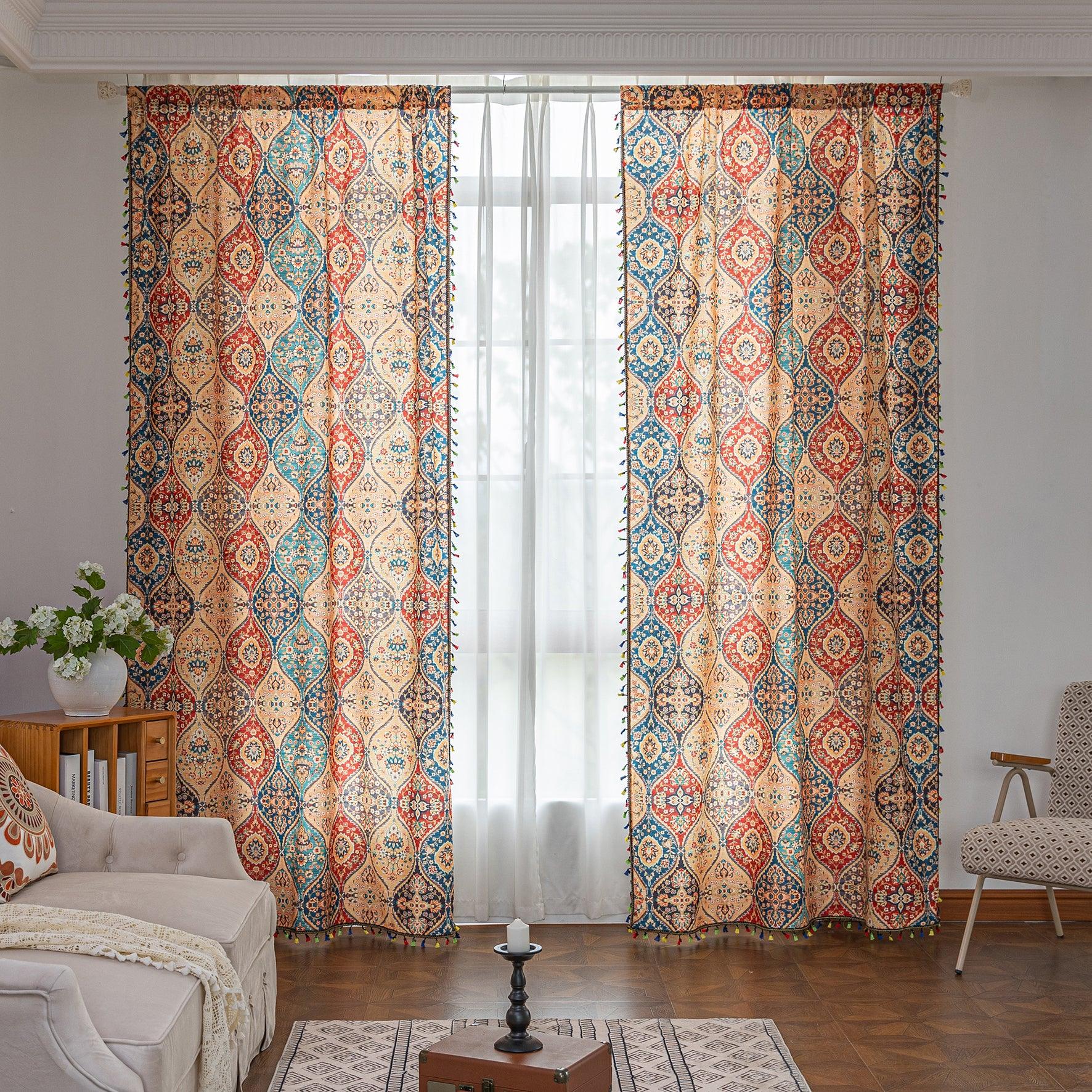 Elegant bohemian curtain featuring a Moroccan-inspired teardrop pattern in warm beige, deep red, and rich blue tones, adorned with intricate floral details and colorful tassel trim — perfect for adding warmth, texture, and global charm to any living space.