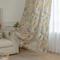 Elegant botanical curtain with a soft beige base, featuring hand-painted style floral and leaf patterns in warm earthy tones and muted pastels, finished with white tassel trim — perfect for bringing a fresh, nature-inspired charm to your home décor.