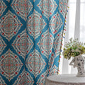 Elegant bohemian curtain featuring intricate Moroccan-inspired patterns in vibrant red, green, and gold on a rich turquoise background, finished with colorful tassel trim — perfect for adding a bold, artistic, and exotic flair to your home decor.