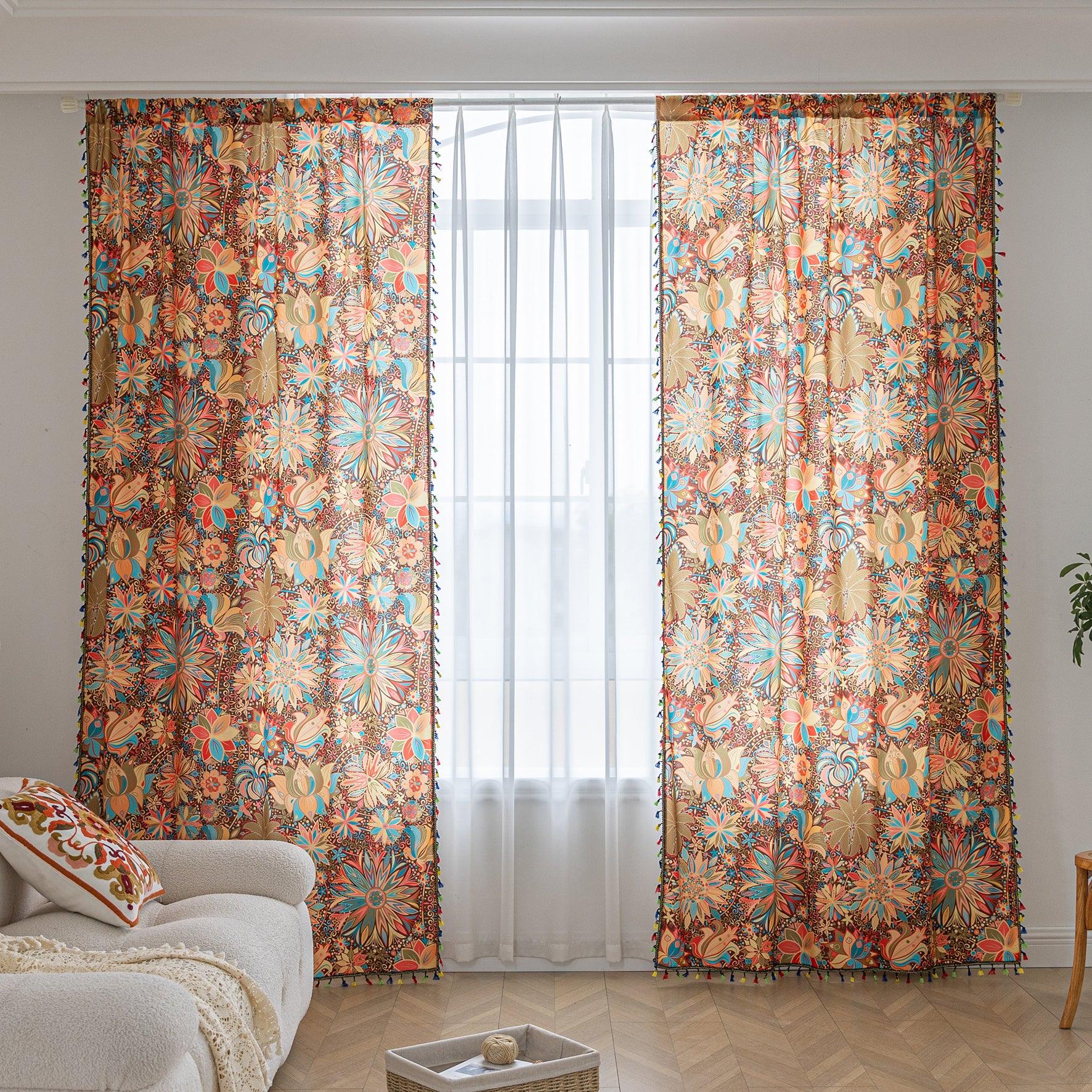 Vibrant bohemian curtain with intricate mandala and floral patterns in rich shades of red, turquoise, gold, and orange, finished with colorful tassel trim — perfect for adding an artistic, eclectic, and lively touch to any room decor.