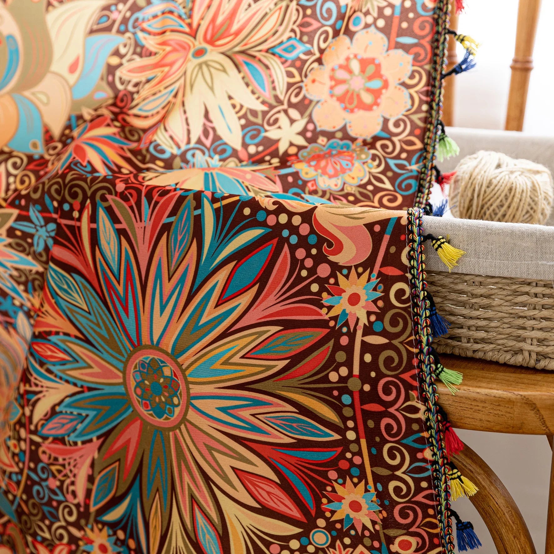 Vibrant bohemian curtain with intricate mandala and floral patterns in rich shades of red, turquoise, gold, and orange, finished with colorful tassel trim — perfect for adding an artistic, eclectic, and lively touch to any room decor.