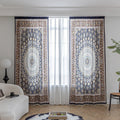 Luxurious bohemian curtain featuring an intricate mandala-inspired medallion design in rich navy blue, earthy brown, and soft beige tones, accented with elegant tassel trim — ideal for adding a touch of Moroccan or Middle Eastern charm to your living space.