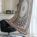 Luxurious bohemian curtain featuring an intricate mandala-inspired medallion design in rich navy blue, earthy brown, and soft beige tones, accented with elegant tassel trim — ideal for adding a touch of Moroccan or Middle Eastern charm to your living space.