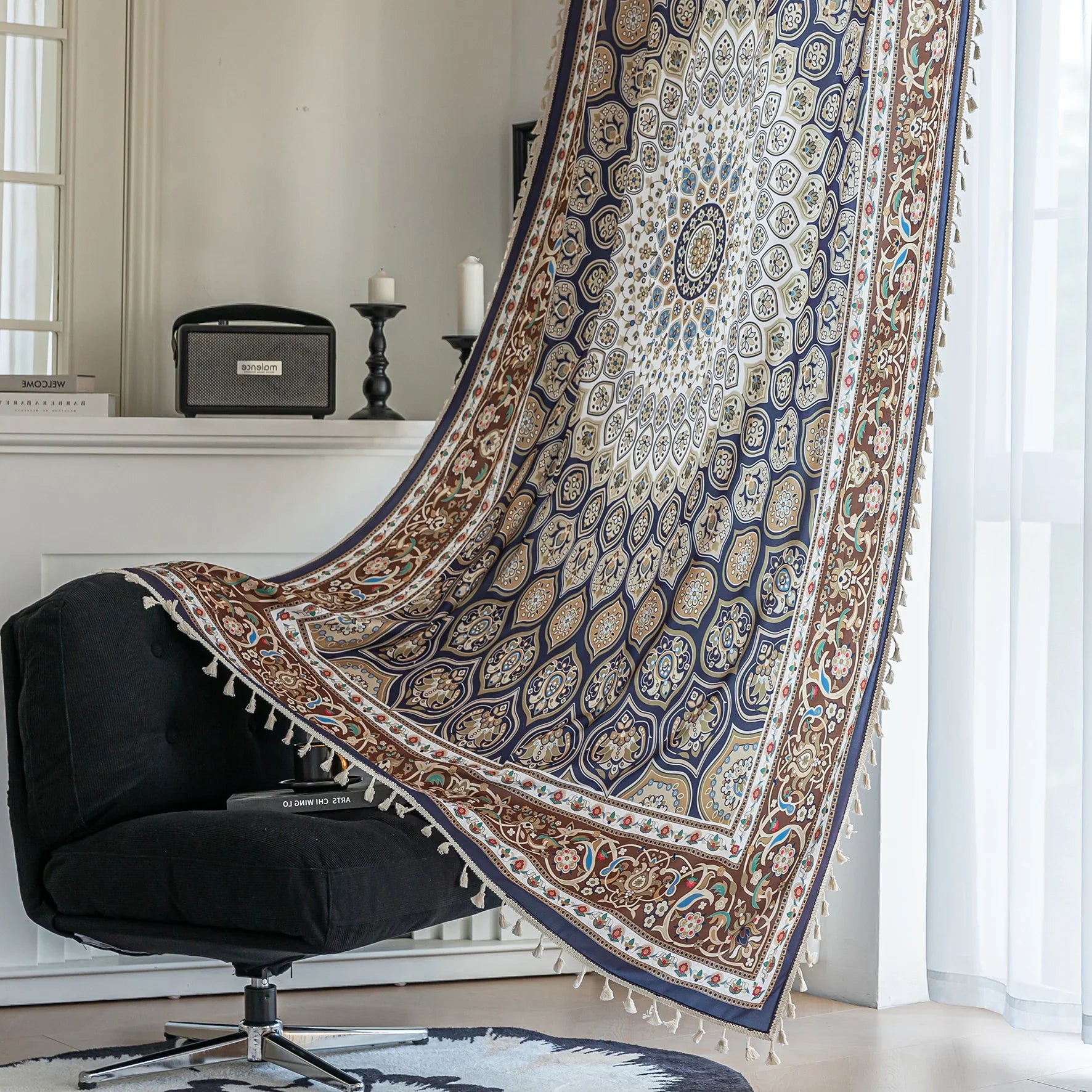 Luxurious bohemian curtain featuring an intricate mandala-inspired medallion design in rich navy blue, earthy brown, and soft beige tones, accented with elegant tassel trim — ideal for adding a touch of Moroccan or Middle Eastern charm to your living space.