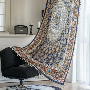 Luxurious bohemian curtain featuring an intricate mandala-inspired medallion design in rich navy blue, earthy brown, and soft beige tones, accented with elegant tassel trim — ideal for adding a touch of Moroccan or Middle Eastern charm to your living space.